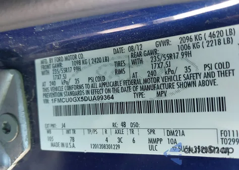 2013 Ford Escape Se z USA, uszkodzony, nr VIN 1FMCU0GX5DUA99364